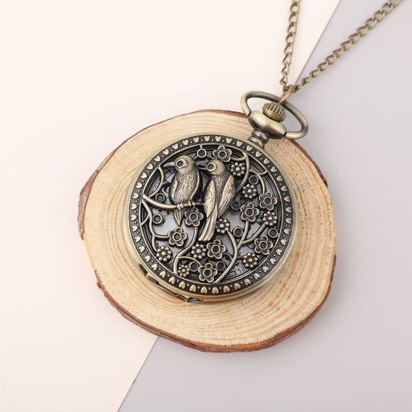 Bird Pattern Pocket Watch with Chain (31) in Goldtone - Picture 2 of 4